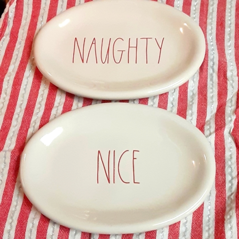 Rae Dunn Magenta Artisan 2 small oval plates 1 NAUGHTY 1 NICE 8" x 5.5" New…